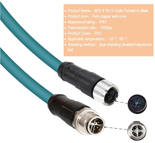 M12 X-Code 8 Pin Industrial Ethernet Cable, IP67 Waterproof Shielded Sensor Cable, Male to Female High-Flex Aviation Connector for Cognex Camera, PLC, Automation System Female to male X-8pin 3m