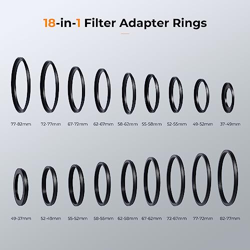K&F CONCEPT 18 Pieces Filter Ring Adapter Set 18 pcs Step-Up/Down Rings (37-82mm)