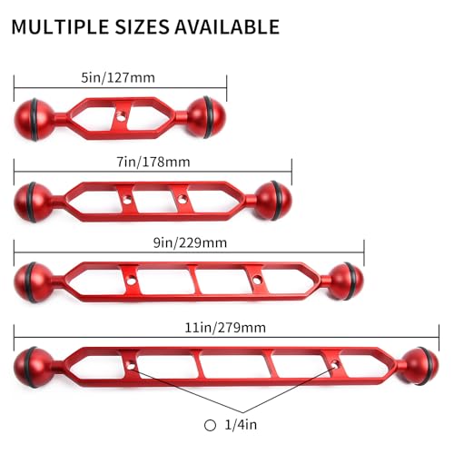 Red 9" Underwater Aluminum Alloy Extension Arm (2-Pack) - Dual Ball System with 1" Head Connector, Waterproof & Rustproof for Diving Camera Tray/Strobe/Video Light, Scuba Photography Gear 9" Extension Arm Red