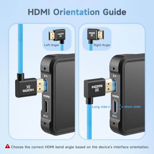 Uonecn Right Angle HDMI 2.1 Cable for Camera, 48Gbps 8K Braided Coiled HDMI for Atomos Ninja V, Portkeys BM5, Short HDMI Cable for Sony A7iv, Z-CAM F6, Z-Cam E2 Pro Cameras, Blue, Left to Right Left Angle to Right Angle