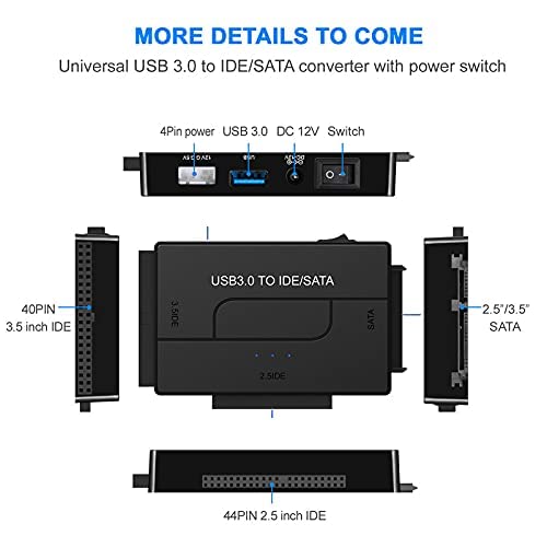 USB 3.0 to SATA IDE Hard Drive Reader, YINNCEEN External Hard Drive Converter Universal Hard Drive Adapter Kit for 2.5/3.5 HDD/SSD Hard Drive Disk, Include 12V/2A Power Adapter BlackTwo