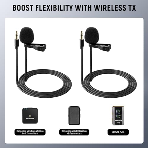 Neewer 2 Pack Lavalier Lapel Microphone Compatible with Rode Wireless GO II Wireless Pro DJI Wireless Mic, 3.5mm TRS Omnidirectional Condenser Wired Clip On Lav Mic for YouTube Live Stream, CM5