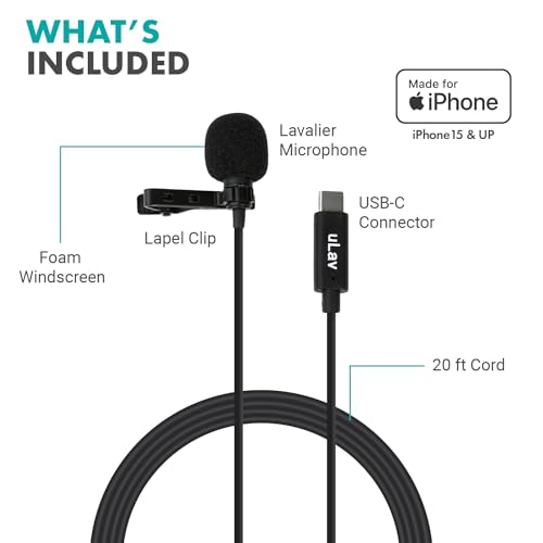 Movo uLav-L Digital Lavalier Omnidirectional Clip on Microphone with USB-C Connector Compatible with iPhone 15/16/17 and Up, iPad-Pro (20-Foot Cord) Single Lav with 20-foot Cord
