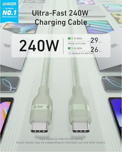 Anker Go Kit, Nano USB-C Cable, 240W Flexible Braided Cord, Nano Charger, 30W USB-C GaN Charger, Fast Charging for iPhone 17 Series, MacBook Pro, and More (Green, 6 ft)