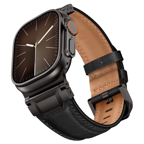 Leather Bands Compatible with Apple Watch Ultra 3/2/1 Band 49/46/45/44/42mm Men, Genuine Leather Metal Connector Strap for iWatch Ultra Series 11/10/9/8/7/SE/6/5/4, Black/Black+Brown/Titanium