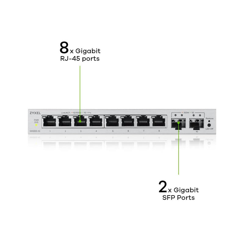 Zyxel 8 Port Network Ethernet Switch | Web-Managed | GS1200-10V3 | 8x GbE + 2x SFP Ports, Fanless, Web-based Management, VLAN, QOS, IGM Snooping, Energy Efficient, TAA Compliant 10-Port | 2x SFP