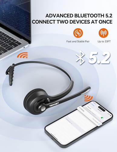 [AUSTRALIA] - TECKNET Wireless Headset, Bluetooth Headphones with Noise Cancelling Microphone for Trucker, Hand Free Wireless Headset with Mute Mic Luxury configuration 