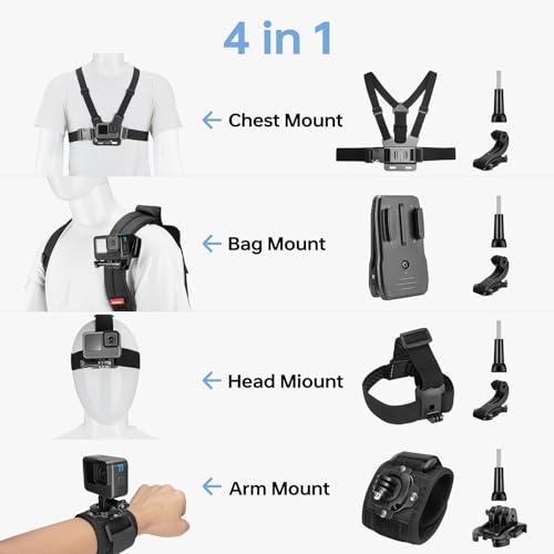 Action Camera Accessories Kit - 5-in-1 Set for GoPro Hero Compatible with All Models Head Strap, Chest Harness, Backpack Clip, 360° Wrist Strap, Storage Bag