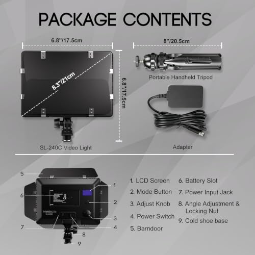 Mettlelite SL240C RGB LED Video Light with Barndoor & Mini Tripod, APP Control 360° Full Color RGB Panel, Ultra Bright 2800K-8000K, 40 Gels,10 Light Effects,Portable Studio Light for Content Creation