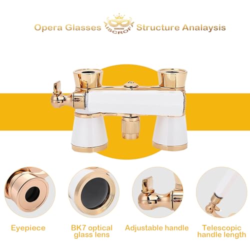 Opera Glasses,3X25 Theater Binoculars with Foldable and Extendable Handle,Mini Binocular Compact Lightweight,Portable Theater Glasses for Adults Kids Women in Musical Concert White with Handle