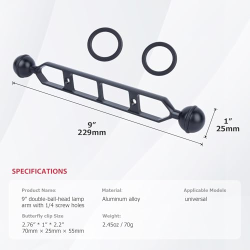 9" Double Ball Head Adjustable Camera Light Mount Arm with 1/4"-20 Threads for GoPr0 Insta360 DSLR Underwater Photography, Aluminum Alloy CNC Machining with Anti-Slip Silicone Rings 63134A