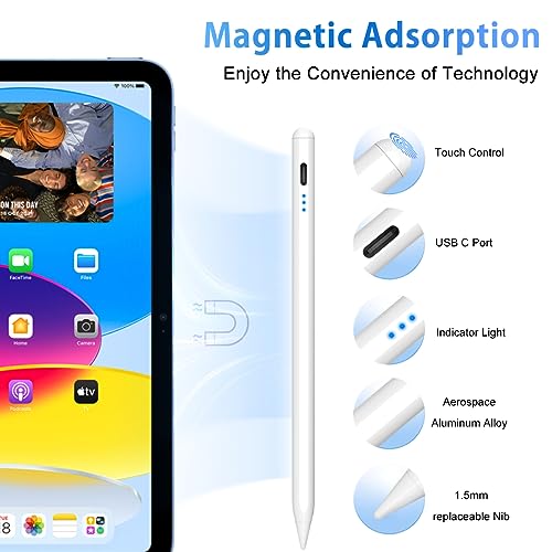 Stylus Pen for iPad, 5min Fast Charge Pencil for iPad/Pro/Air/Min 2018-2024, Pen for iPad with Tilt Sensitive& Palm Rejection& Magnetic for Professional Drawing, Writing, Working (White) WHITE