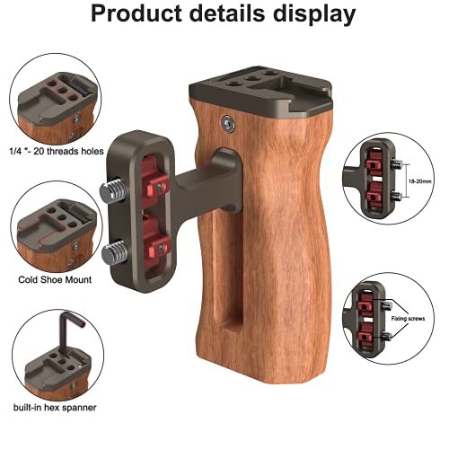 Wooden Mini Handle Side Handgrip with 1/4"-20 Screws for Digital Camera DSLR Camera Cage with Cold Shoe Mount Built-in Wrench can Up and Down Adjustable - Bronze Side Handgrip-Bronze