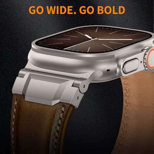 Leather Bands Compatible with Apple Watch Ultra 3/2/1 Band 49/46/45/42mm Men, Genuine Leather Metal Connector Strap for iWatch Ultra Series 11/10/9/8/SE, Dark Brown/Black+Retro Walnut/Titanium