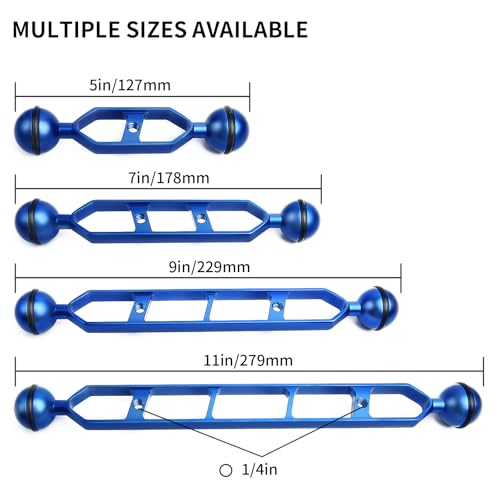 Blue 5" Underwater Aluminum Alloy Extension Arm (2-Pack) - Dual Ball System with 1" Head Connector, Waterproof & Rustproof for Diving Camera Tray/Strobe/Video Light, Scuba Photography Gear 5" Extension Arm Blue