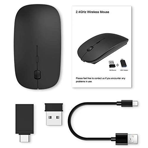 OKIMO Rechargeable Wireless Mouse, 2.4Ghz Silent Computer Office Portable Slim Optical Mouse with USB Receiver Type-C, 3-Level Adjustable DPI for Laptop, Computer, MacBook, Notebook, PC (Black)