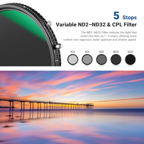NEEWER 2 in 1 55mm Variable ND Filter ND2–ND32&CPL Filter(Circular Polarizer Filter) No X Cross/30 Layer Nano Coated/HD Optical Glass/Ultra Slim Aluminum Alloy Frame/Water Repellent/Scratch Resistant