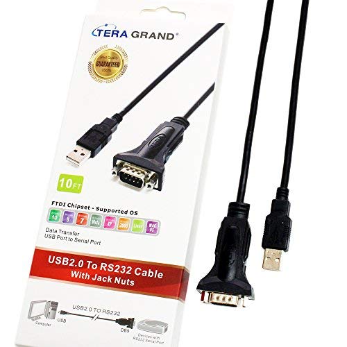 Tera Grand - Premium USB 2.0 to RS232 Serial DB9 Adapter Cable 10 Feet - Supports Windows 11, 10, 8, 7, Vista, XP, 2000, 98, Linux and Mac - Built with FTDI Chipset and Hex Jack Nuts 10 ft