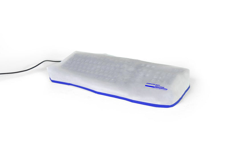 Computer Dust Solutions Keyboard Dust Cover, Covers Large Size PC Keyboards, Silky Smooth Antistatic Vinyl, Translucent Coconut Cream Color with Blue Trim, (20W x2H x9D) 20W x2H x9D