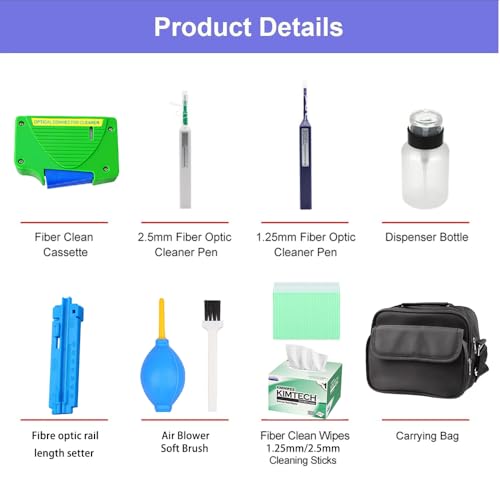 Elfcam - Fibre Cleaning Tool Kit for FTTx Welder, Includes Fibre Optic Pens,Measuring Ruler,Cleaning Wipes for Fibre Connectors FC/SC/ST/LC/E2000/MU,Supplied with Nylon Bags Cleaning kit/11 Pieces