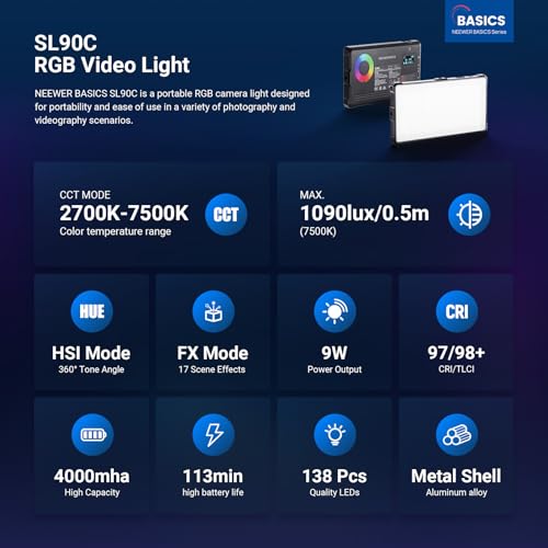 NEEWER Basics SL90C Full RGB LED Camera Video Light with Desk Tripod Stand