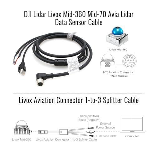 SZRMCC Livox Mid-360 Cable M12 Pin Female Aviation Plug 3 in 1 Splitter Data Sensor Cable for DJI Lidar Livox Mid-360 Mid-70 Avia Lidar (Right Angle 12 pin, 25cm) Right Angle 12 pin