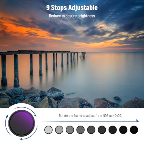 NEEWER 52mm ND2-400 (1-9 Stops) Variable ND Filter with Lens Cap, Lanyard, Cleaning Cloth, Precise Neutral Density Adjustment, Fingerprint & Scratch Resistant Multicoated Optical Glass ND2-ND400