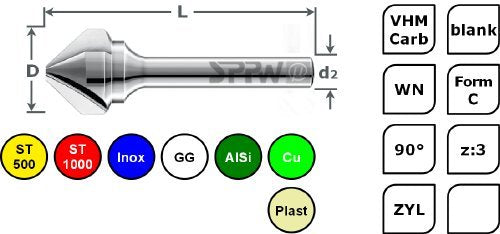 SPPW Countersink Solid Carbide 90° Z:3 Form C L: 53 Diameter 10.4