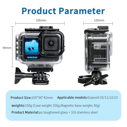 Waterproof Diving Housing for GoPro HERO13/12/11/10/9 Black - 196FT/60M Underwater Case with Magnetic Latch Mount, Protective Underwater Diving Housing Shell Accessories Plastic Case with Magnetic Latch Mount GoPro HERO13-9 Black