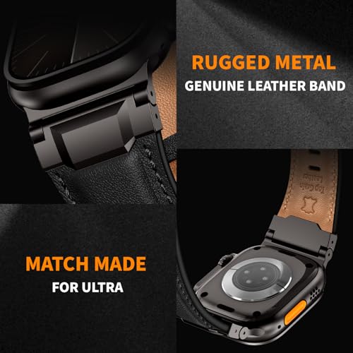 Leather Bands Compatible with Apple Watch Ultra 3/2/1 Band 49/46/45/44/42mm Men, Genuine Leather Metal Connector Strap for iWatch Ultra Series 11/10/9/8/7/SE/6/5/4, Black/Black+Light Brown/Black