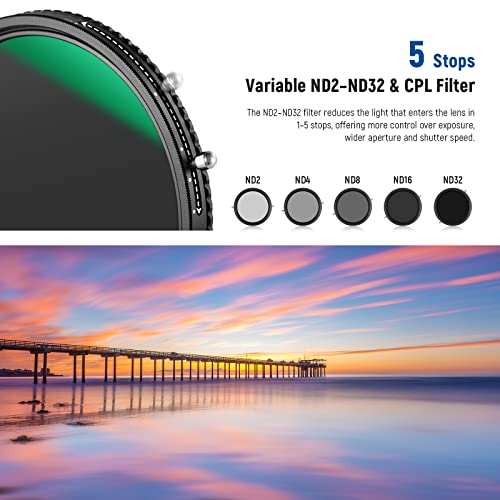 NEEWER 2 in 1 72mm Variable ND Filter ND2–ND32&CPL Filter(Circular Polarizer Filter) No X Cross/30 Layer Nano Coated/HD Optical Glass/Ultra Slim Aluminum Alloy Frame/Water Repellent/Scratch Resistant