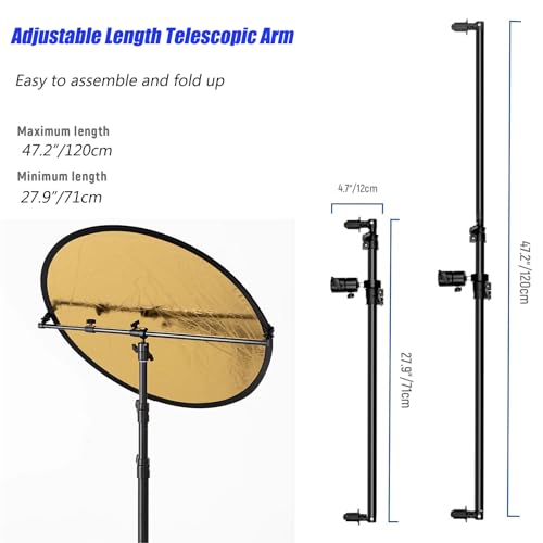 Extendable Reflector Holder Arm, Photo Telescopic 27.9" to 47.2" Boom Arm 360° Swivel Reflector Bracket for Product Portrait Studio Outdoor Photography