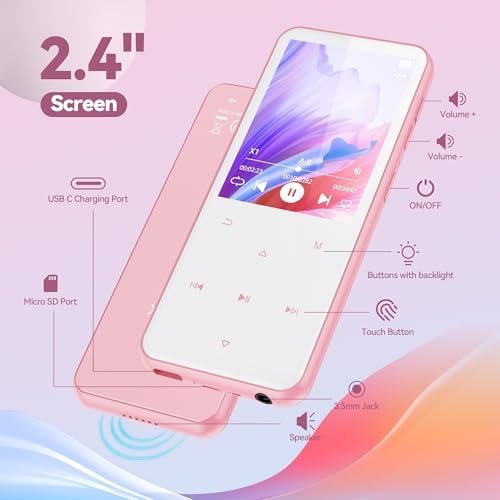 AGPTEK 64GB MP3 Player with Bluetooth, M3 2.4 inch Music Player with Speaker and FM Radio, Touch Buttons, Supports Up to 128GB(Pink) Pink