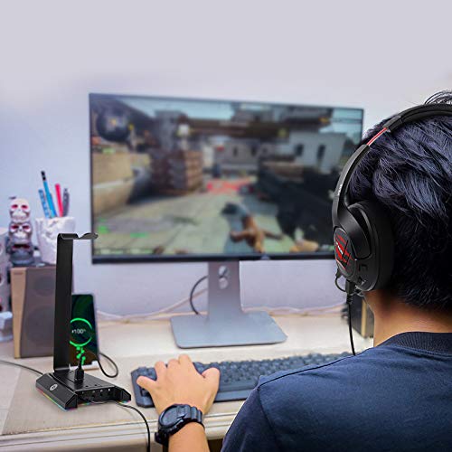 RGB Headphone Stand with 7.1 Surround Sound, EKSA Gaming Headset Holder with USB & 3.5mm Ports, Headset Stand for Desk Perfect Gaming Accessories Gifts for Desktop Gamers, Suitable for Most Headphones