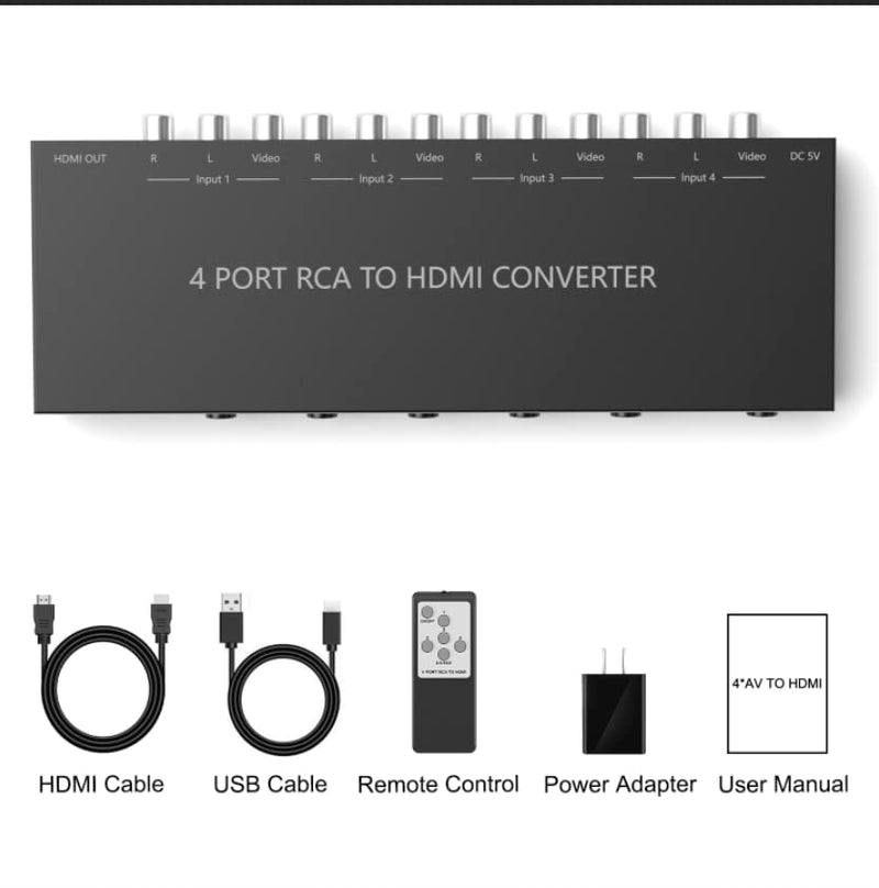 [AUSTRALIA] - 4 Port RCA to HDMI Converter 1080P/720P RCA Composite CVBS AV Switch to HDMI Converter Adapter Support 4:3/16:9 Switch, for Sega Xbox PS1 PS2 PS3 N64 NGC SNES WII VHS VCR Camera DVD(With Remote） 4 Way RCA Converter 