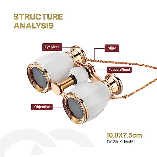 ESSLNB Opera Glasses Binoculars for Women Adults 4X30mm Theater Glasses Compact Binoculars for Theater and Concerts Antique with Case Removable Chain White