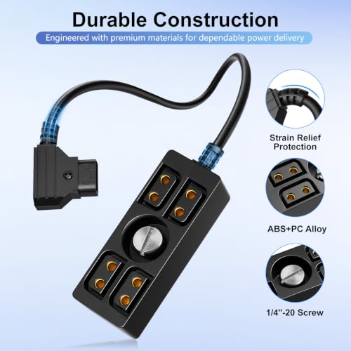Alvin's Cables Dtap Splitter with Screw Power Cable for V-Mount|Gold-Mount Battery, Dtap Male to 4 Port D Tap Female Splitter Hub for ARRI RED Teradek SmallHD SmallRig 40cm/15.7in 40cm/15.7in Cable with Screw