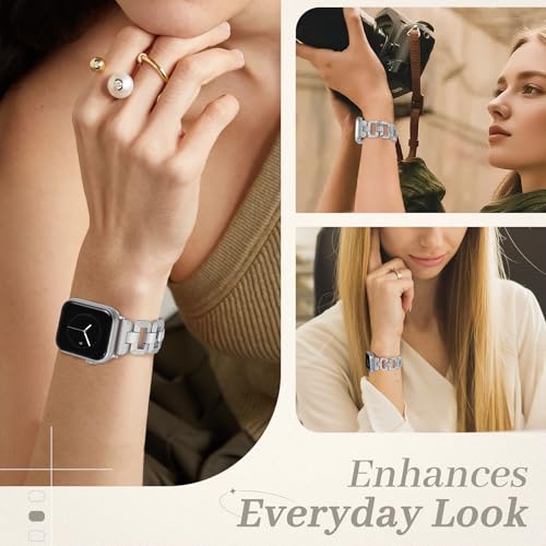 JR.DM Silver Chain Bracelet Band Stainless Steel Bracelet Strap Bundle Compatible with Apple Watch 38mm 40mm 41mm 42mm 44mm 46mm 45mm 49mm Women for iWatch Series 11/10/9/8/7/6/5/4/3/2/1/SE/Ultra