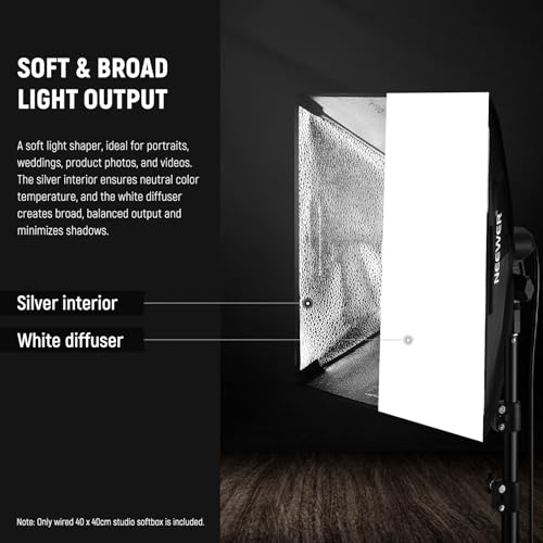 NEEWER 16x16in/40x40cm Softbox with E26 Porcelain Socket/Power Cord/White Diffuser/Stand Adapter, Durable Nylon Softbox Lighting Modifier for Studio Photography Lighting, SF4040 (US Plug) 40X40cm