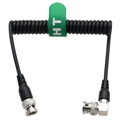 3G HD SDI BNC Coiled Cable for Atomos SmallHD Blackmagic Video Assist Teradek Hollyland Feelworld Portkeys Monitor Sony Alexa Camera Transmission, Right Angle Straight BNC coiled 30cm to 60cm RA-S BNC