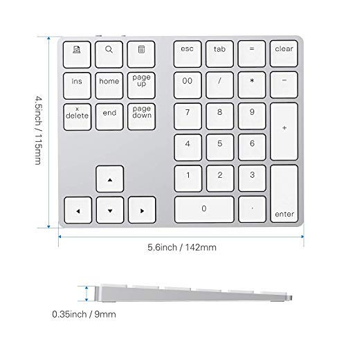 Bluetooth Number Pad, Lekvey Aluminum Rechargeable Wireless Numeric Keypad Slim 34-Keys External Numpad Keyboard Data Entry for Laptop, MacBook, MacBook Air/Pro, iMac, Windows, Surface Pro - Silver White and Silver