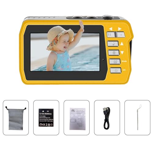 4K Underwater Camera, Full HD 4K&48MP Compact, 10FT Waterproof Camera for Snorkeling, Surfing, Rafting, Dual-Screen for Selfie/16X Digital Zoom/Fill Light/Support 128GB （Yellow） Yellow