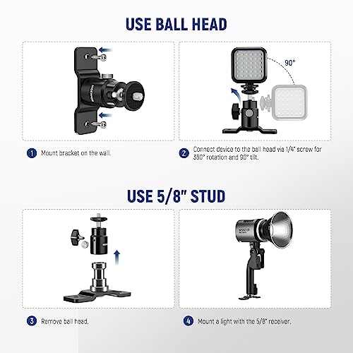 NEEWER 2 Pack T Type Wall Ceiling Mount, Ring Light Wall Mount Bracket with Detachable Ball Head, 5/8" Stud, 1/4" Screw for Flash Strobe Camera Monitor Studio Lighting, Max Load: 4.4lb/2kg, TS008 10102508