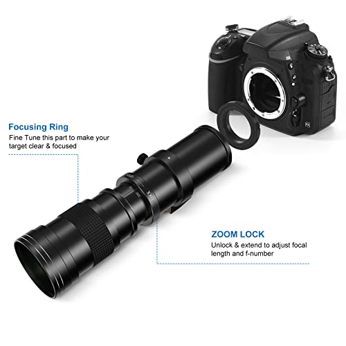 EF/EF-S 420-800mm F8.3 Telephoto Zoom Lens(MF) + T-Mount for Canon EOS Rebel T8i/T7i/T7/T6i/T5/T3i/T2i/XSi/SL3/SL2/T100/90D/80D/70D/50D/5D Mark IV/6D II/7D II/1D X III II - Manual DSLR Cameras Lenses 420-800mm For Canon EF/EF-S Mount