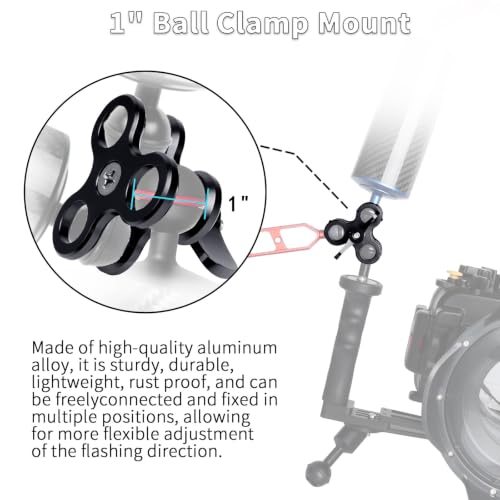 3-Hole 1" Aluminum Underwater Camera Clamp Ball Mount (2-Pack) - Underwater Bracket for Diving Light Arms & Camera Trays, Saltwater-Resistant Adapter for Scuba Photography/Videography Gear Triple Holes Black