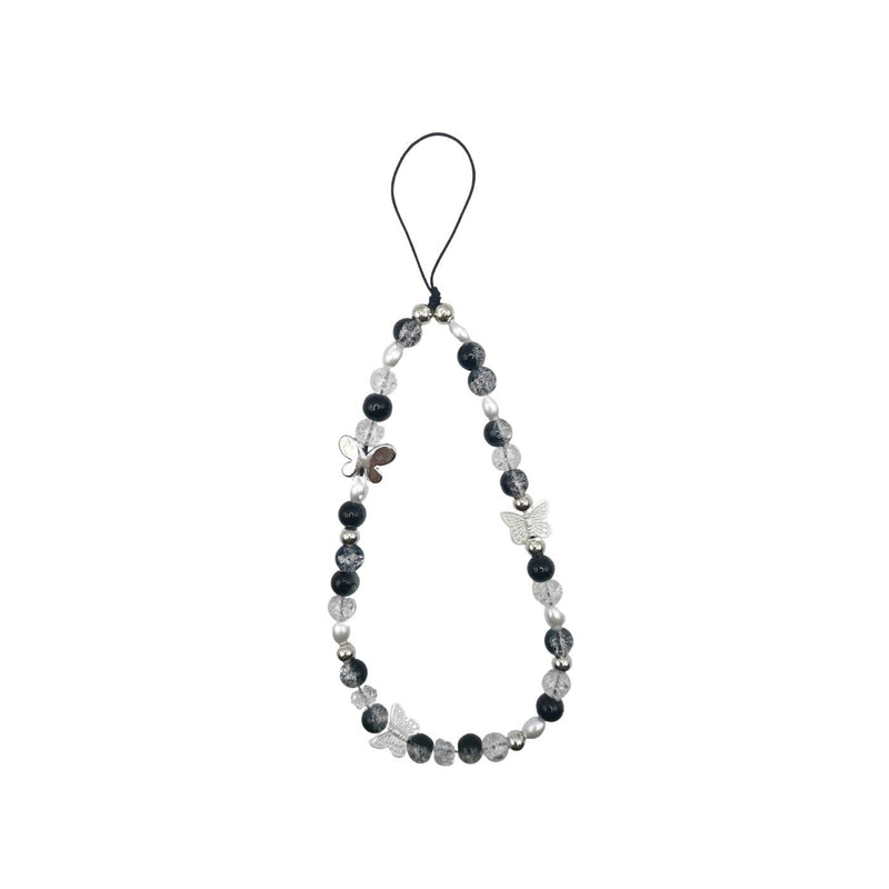 1-2 PCS Butterfly Y2K Beaded Phone Charm Black White Purple Blue Green Cute Charms Cell Phone Lanyard Strap Handmade Acrylic Flower Wrist Beads Chain Sweet Gifts for Girls Women Black Butterfly