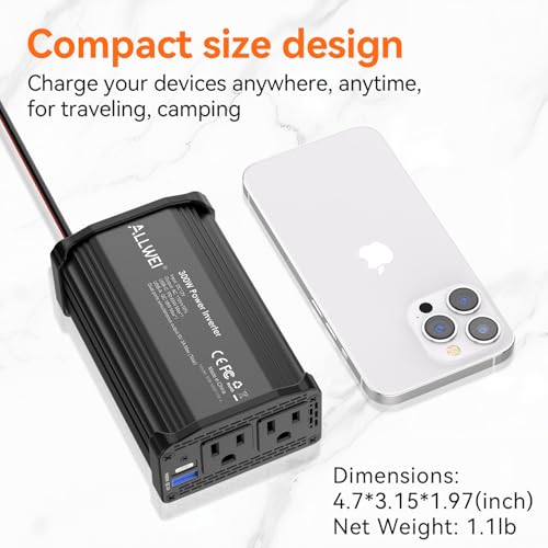 ALLWEI 300W Power Inverter DC 12V to 110V AC, Compact Car Plug Adapter Outlet with 27W PD USB-C &18W USB-A Fast Charging, Cigarette Lighter Adapter Car Charger for Phone - Red and Black