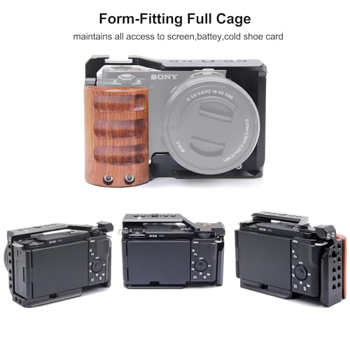 ZV-E10 Camera Cage with Wooden Handle -Clod Shoe and Locating Threaded Holes for Sony ZV-E10 Video Camera-A004