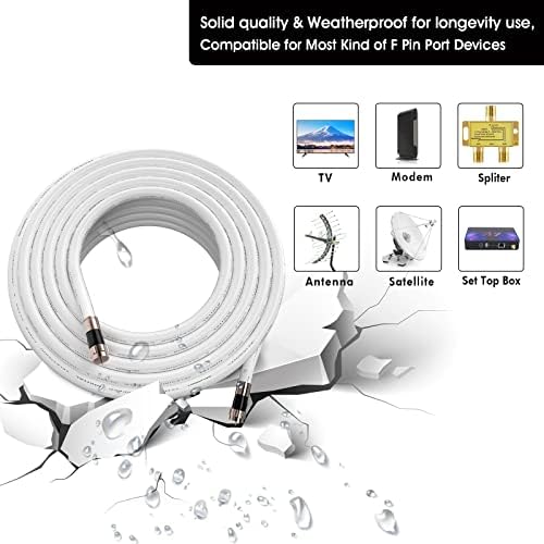 50ft White RG6 Coaxial Cable with F Connector, F81 Female Extension Adapter, Low Loss High-Speed Coax Cable Cord Extender for HD TV, Dish, Satellite, Antenna 50' 50 FT