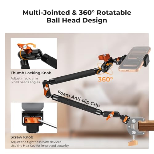 K&F CONCEPT 22" Magic Arm, Overhead Desk Camera Arm Mount, Long Articulating Friction Boom Arm for Phone, Action Camera, LED Light, Microphone 22" Magic Arm Only